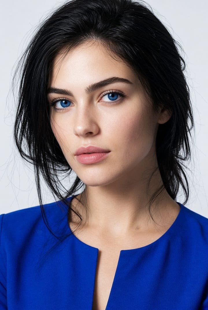 Woman with black hair and vivid blue eyes wearing cobalt blue