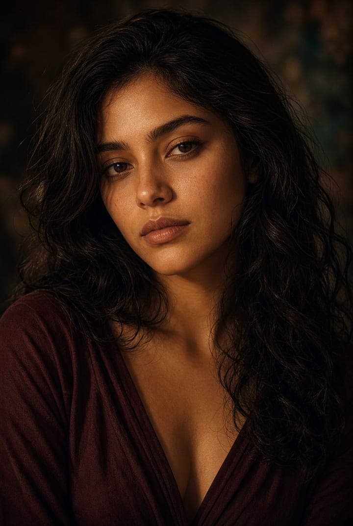 Woman with dark wavy hair and brown eyes wearing deep burgundy