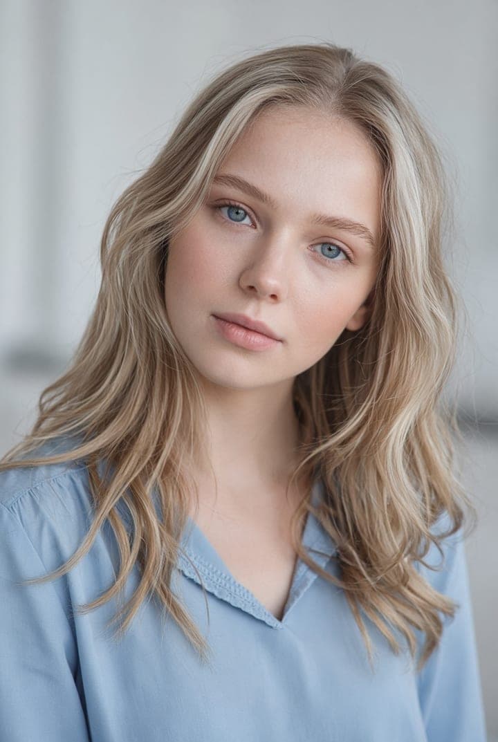 Woman with ash blonde hair and blue eyes wearing soft light blue