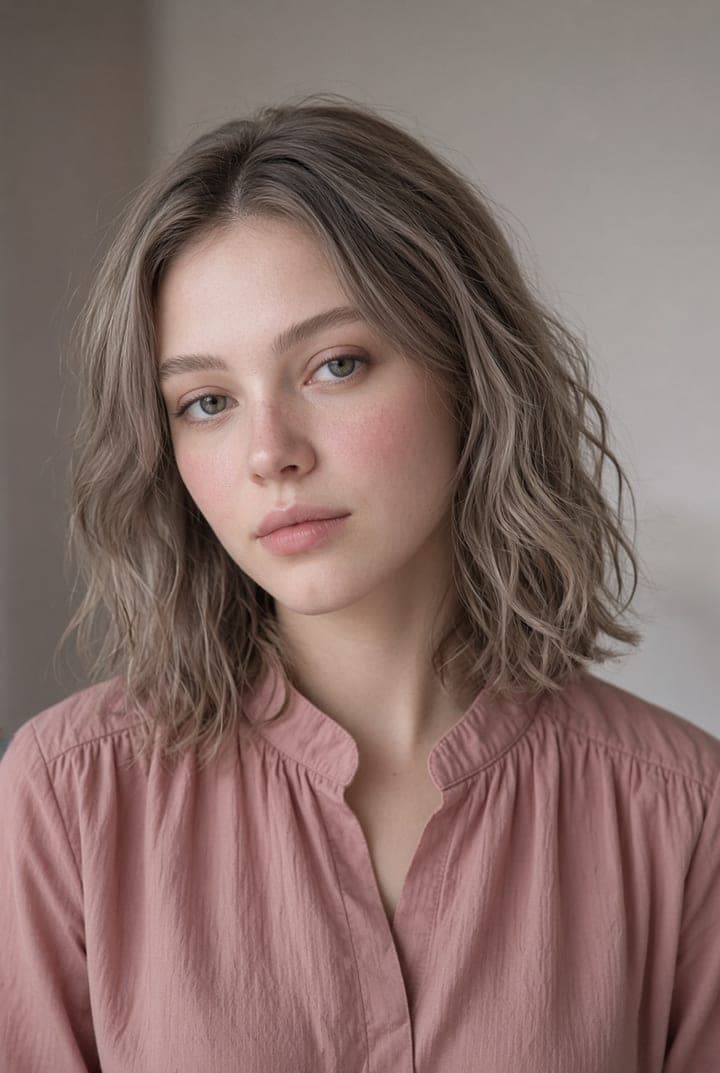 Woman with ash brown hair wearing a dusty pink blouse
