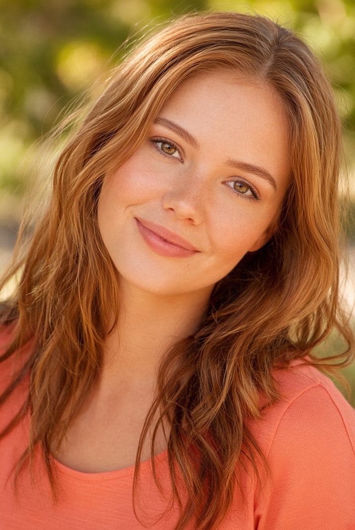Smiling woman with strawberry blonde hair wearing coral
