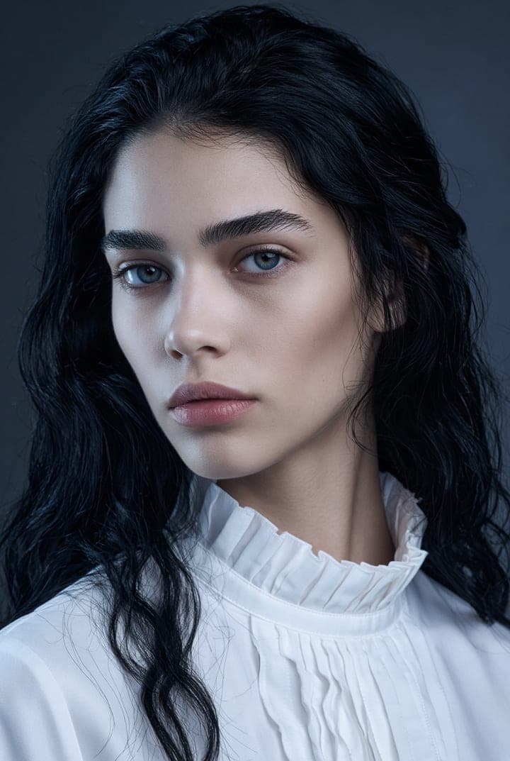 Woman with black hair and blue eyes in a crisp white ruffled collar