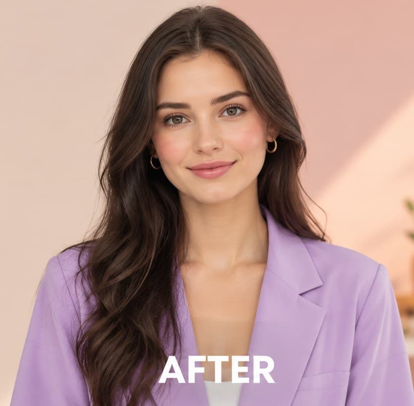 After: the same woman wearing a lavender blazer that brightens her complexion
