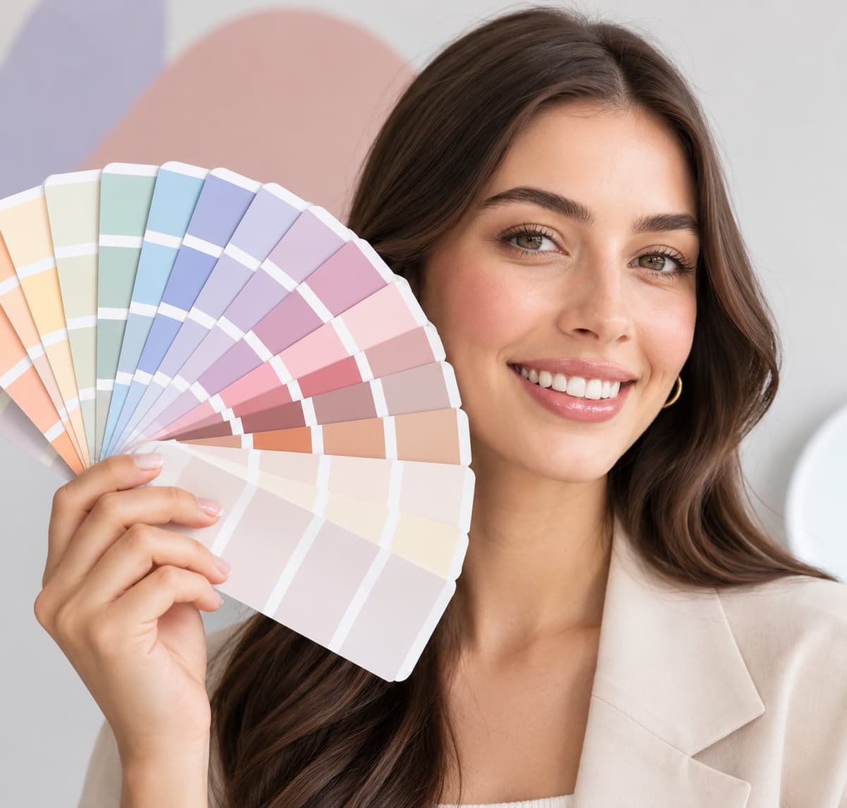 Smiling woman holding a fan of pastel color swatches beside her face