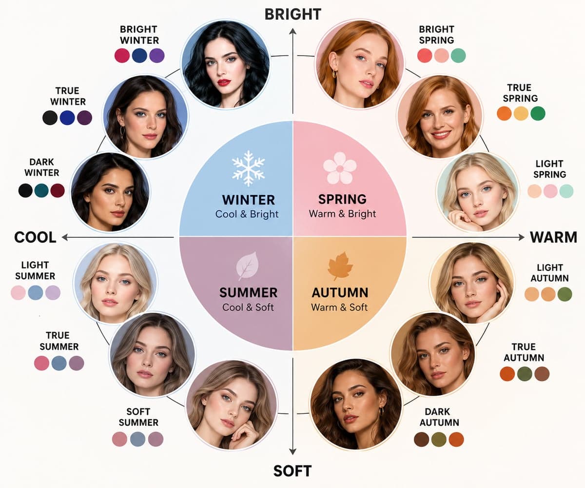 Map of the 12 color seasons: Winter is cool and bright, Spring is warm and bright, Summer is cool and soft, Autumn is warm and soft, with example portraits and palettes for each season